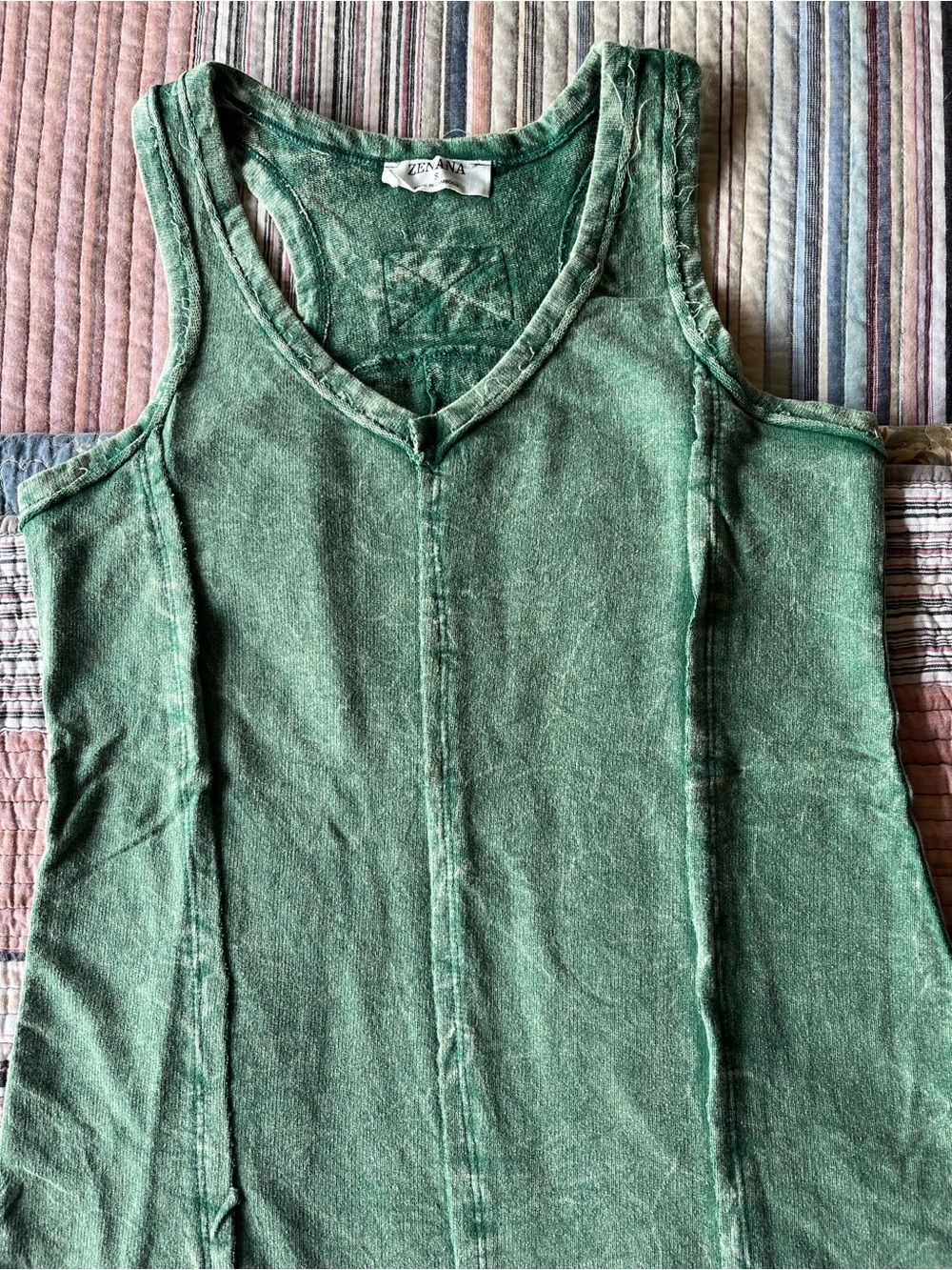 Zenana Green Mineral Wash Raw Edge Tank Top 100% Cotton S M L